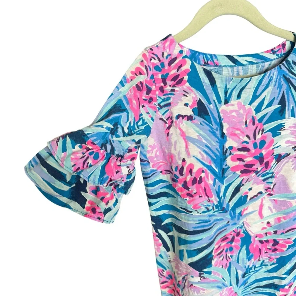 Lilly Pulitzer Girls M 7/8 Tropical Palm Print Ruffle Sleeve Dress Blue Pink V7